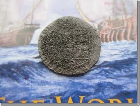 Carlos and Juana 2 Spanish Reale Coin with Image of Old Ships in Background