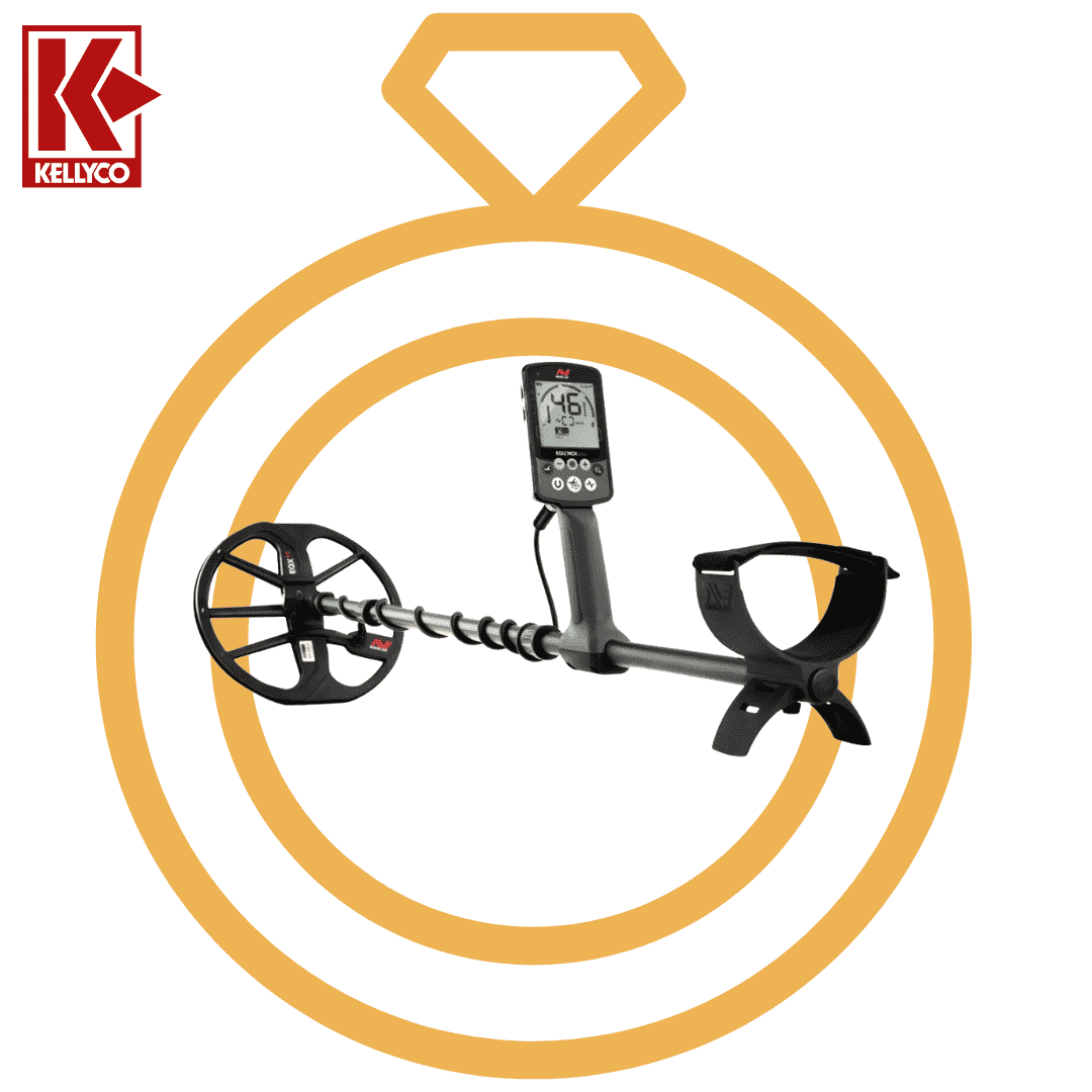 Image of Equinox 800 Metal Detector Hovering Over Icon Image of Gold Ring on White Background with Red Kellyco K Logo in Upper Left Corner