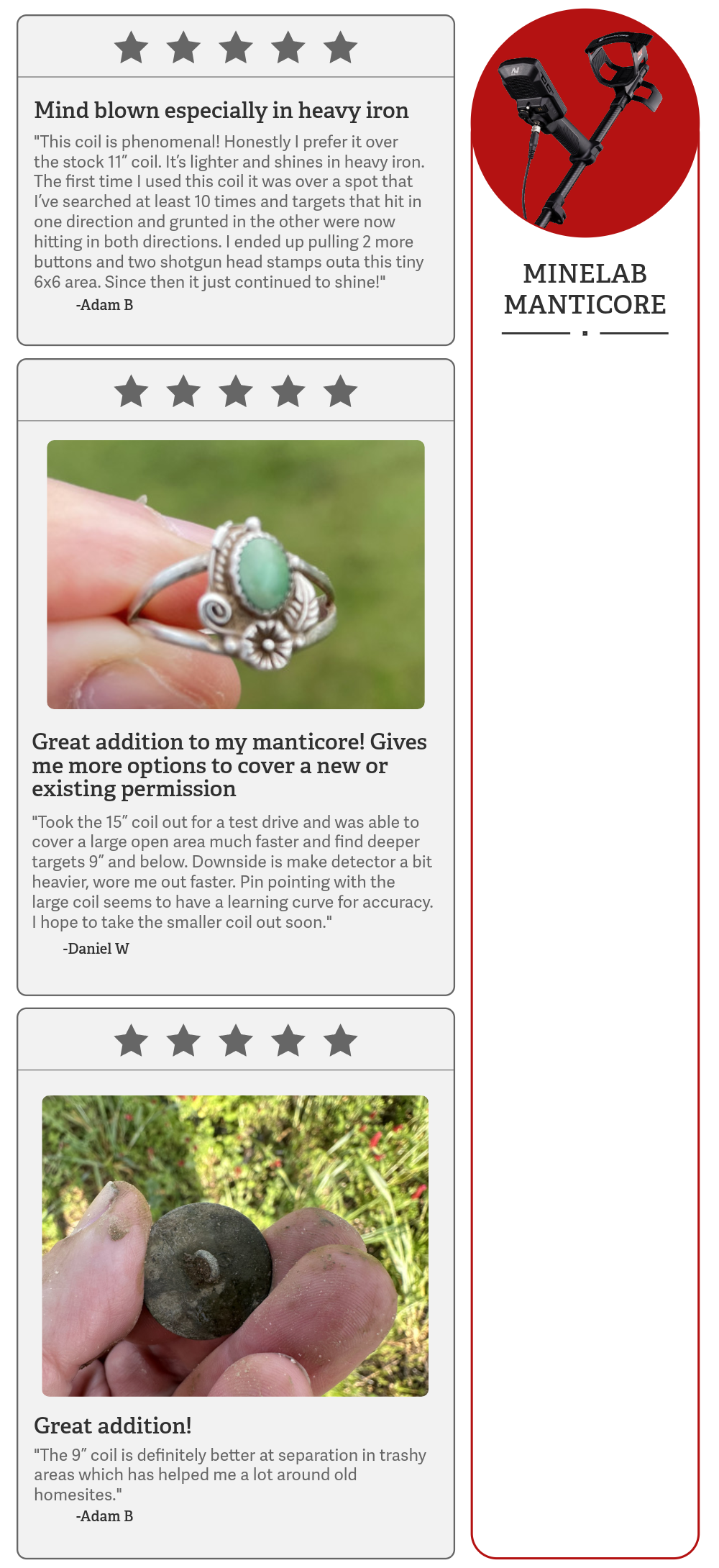 Minelab Manticore metal detector with customer finds and reviews, recognized for deeper targets and performance in difficult ground