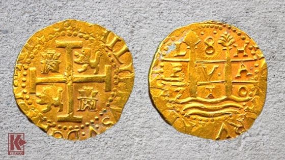 Rare 8 Escudos Lima dated 1710 recovered from the 1715 Fleet